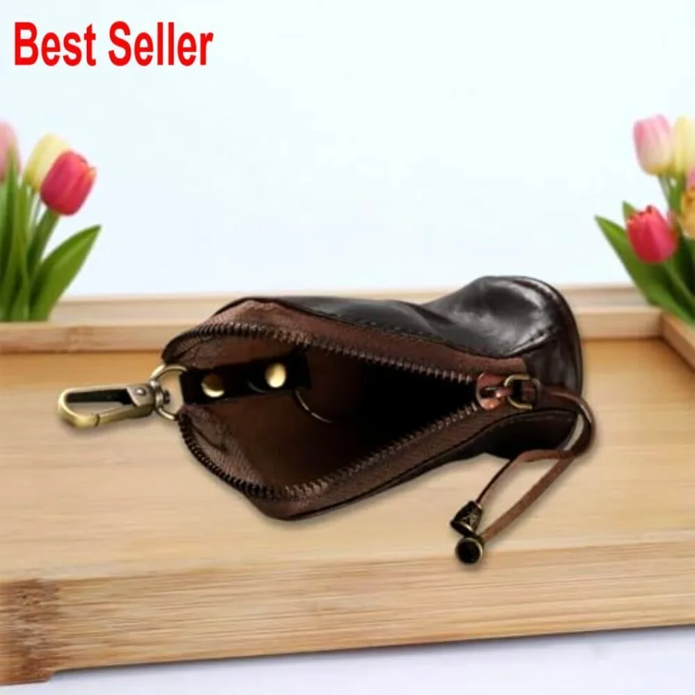 Cowhide Leather Mini Zipper Coin Pouch Keychain Wallet Vintage Storage